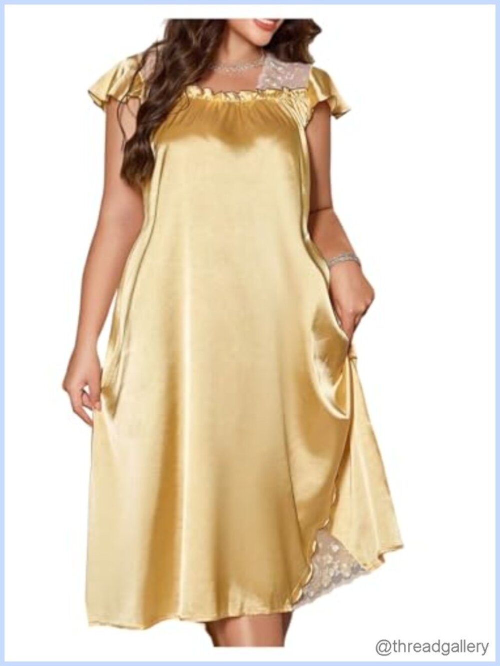 Plus Size Satin Nightgown Lace Trim Cap Sleeve Midi Sleepwear